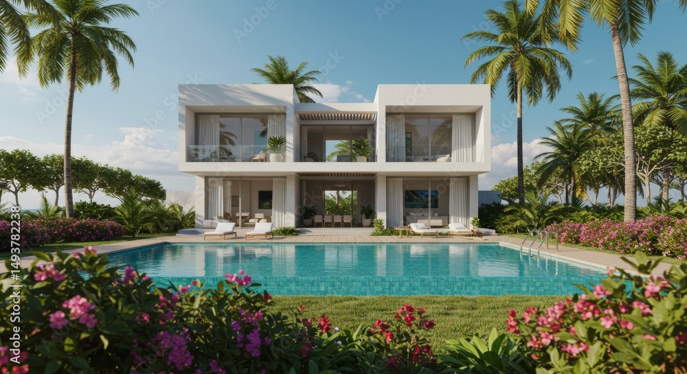 Fototapeta premium Luxurious Beachfront Villa - Modern two-story villa with private pool, located on a tropical beach. Perfect for a relaxing getaway