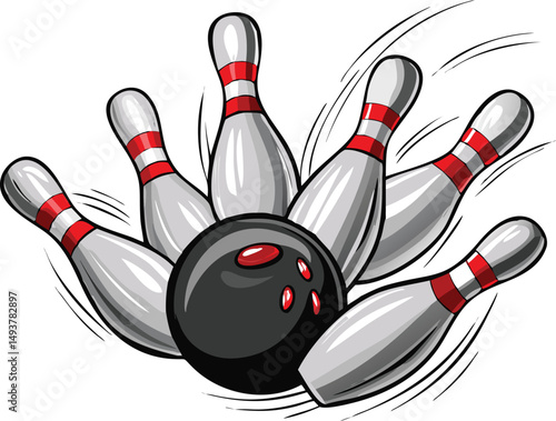 Dynamic illustration of a bowling ball knocking down pins in a strike action