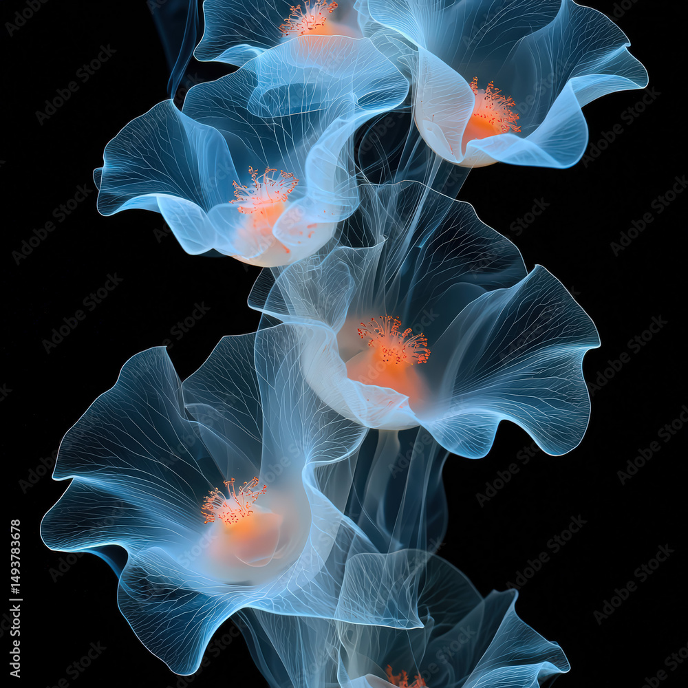 Fototapeta premium Ethereal blue flowers with vibrant orange centers suspended in dark background creating a mystical atmosphere