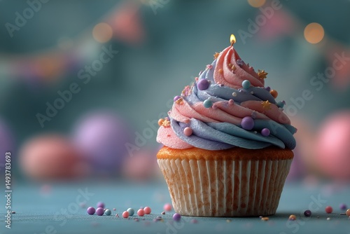 Colorful Cupcake With Swirled Icing and Candle at a Celebratory Gathering