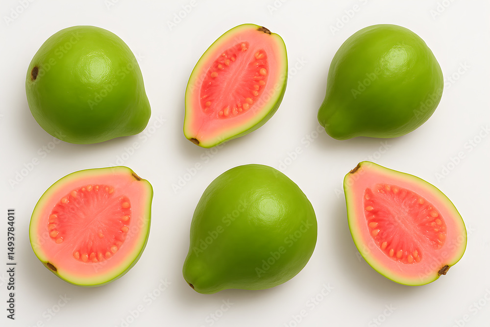 Naklejka premium Fresh Pink Guava Slices and Whole Fruits on a White Surface