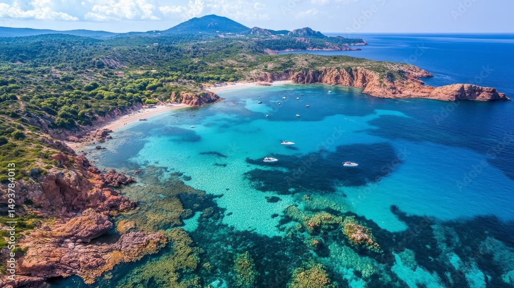 Fototapeta premium Boat anchored in clear blue waters with a serene ocean view and calm skies