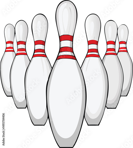 Seven Bowling Pins Arranged in a Semi Circle Ready for a Strike
