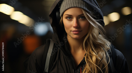 Introspective Young Woman With Blonde Hair Wearing Headphones And Beanie Against Urban Blur