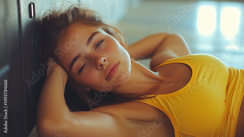 Relaxed Young Woman In Yellow Sports Bra Resting With Pensive Expression Against Soft Background