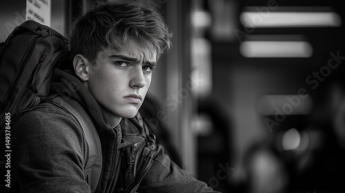 Serious Young Man With Hooded Jacket And Backpack Looking Away In Black And White Portrait