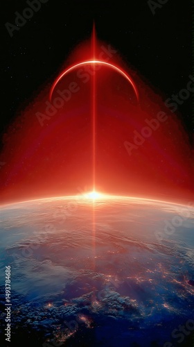 Celestial Sunrise Over Planetary Landscape With Vibrant Colors and Clouds