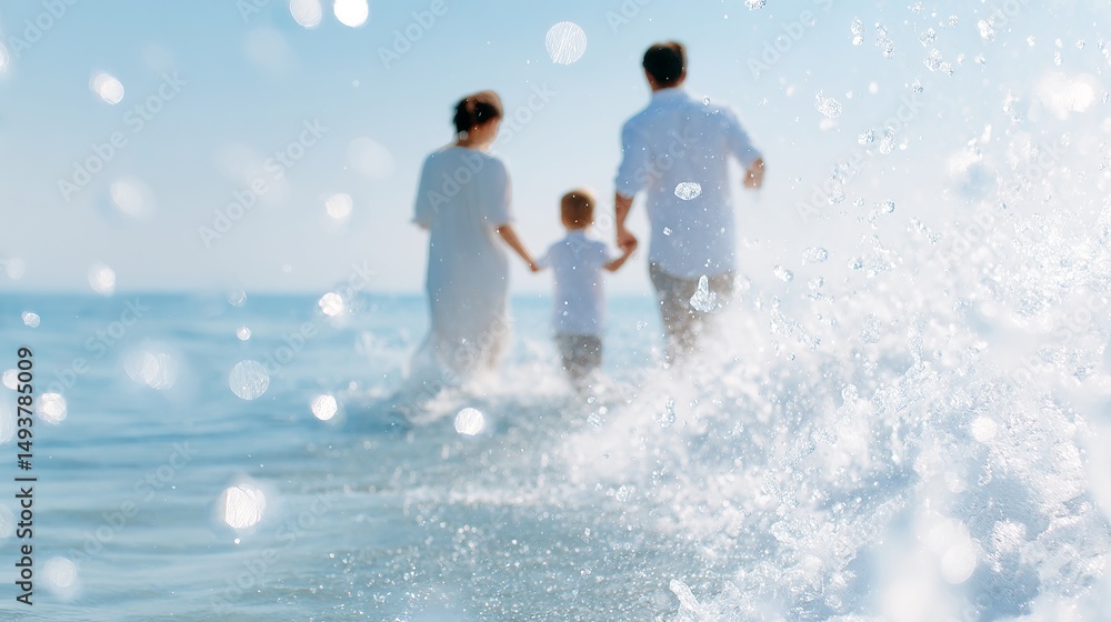 Obraz premium A joyful family walks hand in hand in the ocean waves. The sun shines brightly on their white outfits. This is a perfect summer scene capturing love and togetherness. AI
