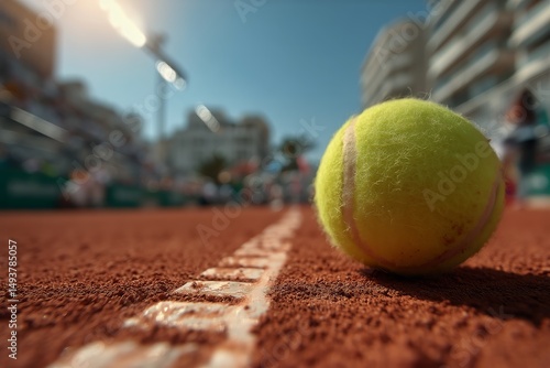 Bright Green Tennis Ball Resting on Clay Court Under Clear Blue Sky in Aftern...