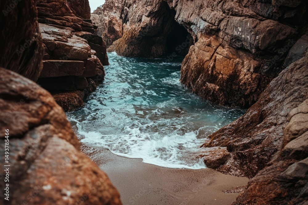Obraz premium Rocky beach landscape featuring a small waterfall surrounded by coastal vegetation and rocks