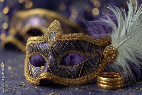 Decorative Purple and Gold Mask With Feather on Festive Table Adorned With Gl...