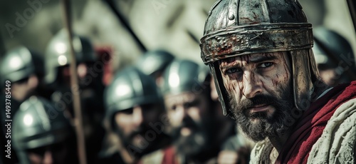 Wallpaper Mural Roman soldier in battle with fierce expression and bloodied armor surrounded by comrades Torontodigital.ca