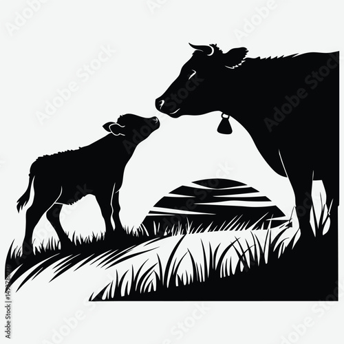 Cow and calf touching noses in a field during golden hour image silhouette design vector art and illustration