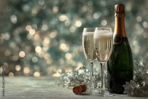 Celebratory Toast With Champagne in Elegant Glasses During Winter Evening Gat...