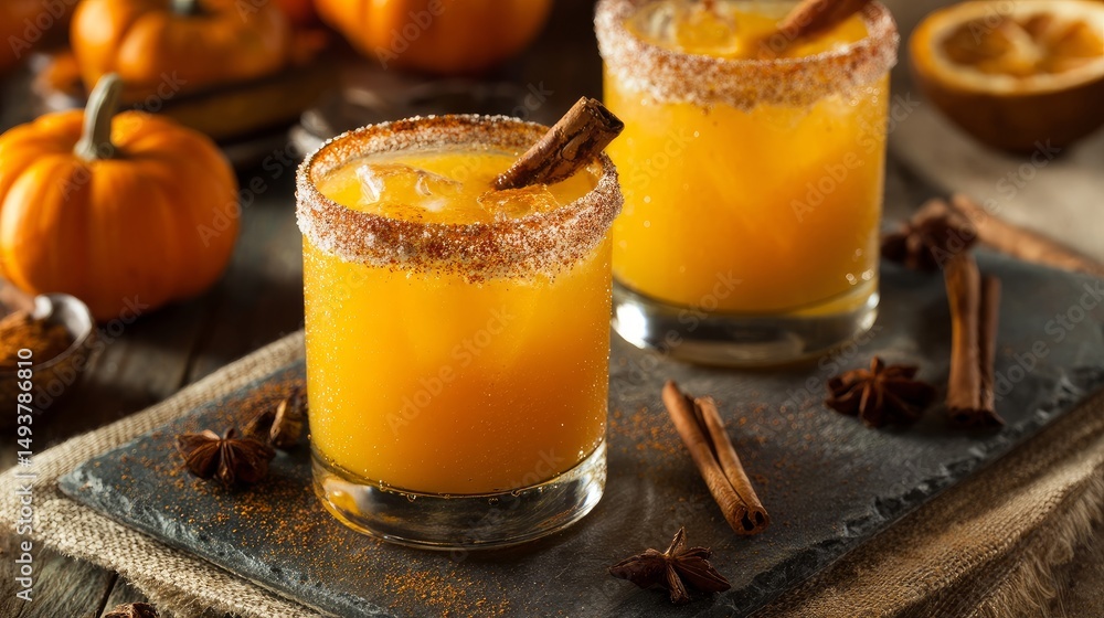 Fall cocktail with pumpkin and orange cinnamon garnish Seasonal drink with warm color tones and holiday flavor Fall cocktail with pumpkin and orange cinnamon garnish Seasonal drink with warm color tones and holiday flavor