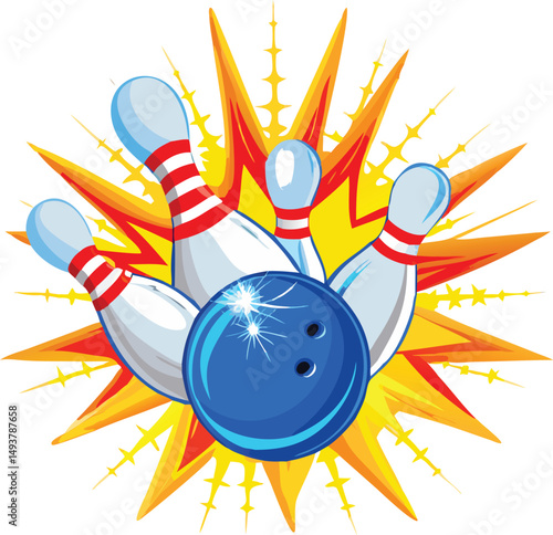 Striking Bowling Pins and Ball with Vibrant Explosion Graphic Design