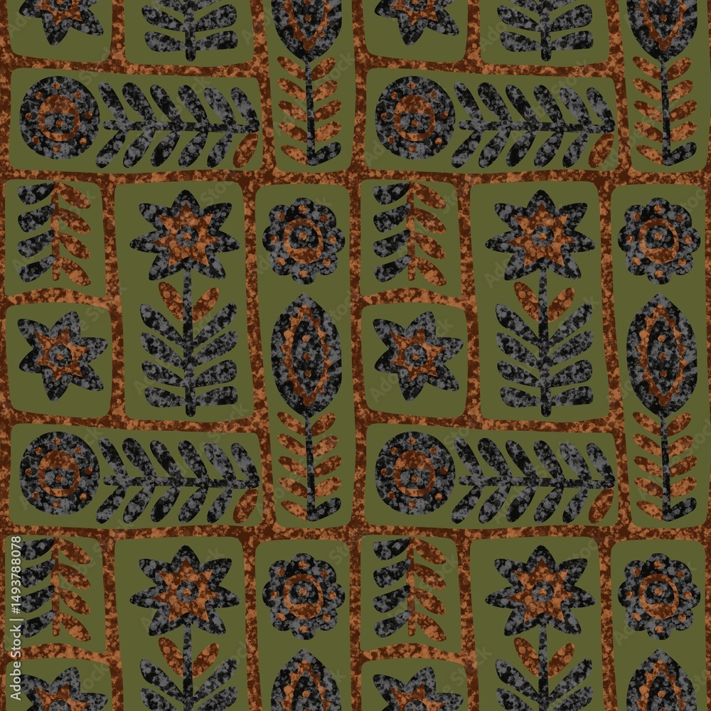Abstract seamless pattern, botanical elements, brown and black colors on green background Abstract seamless pattern, botanical elements, brown and black colors on green background