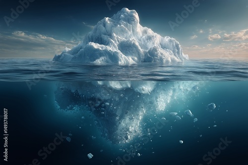Iceberg Floating in Tranquil Ocean Waters Under Bright Sky at Dawn