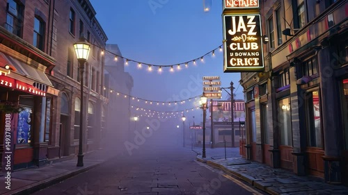 Atmospheric Evening Street Scene with Jazz Club Sign, String Lights, and Fog in a Historic City