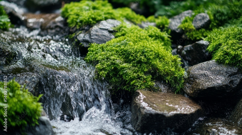 Close up of a small stream flowing over rocks and covered in green moss Close up of a small stream flowing over rocks and covered in green moss