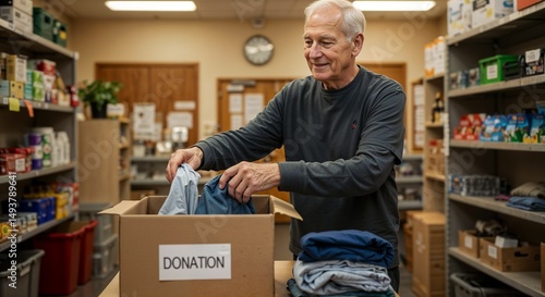 Elderly man packing folded clothes into donation box in community center

