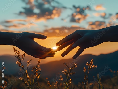 Photo of two hands reaching out to each other, silhouetted against a beautiful sunset, symbolizing support