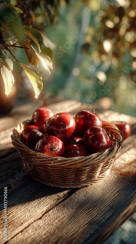 Freshly Harvested Red Apples in a Woven Basket on a Rustic Wooden Table in a ...