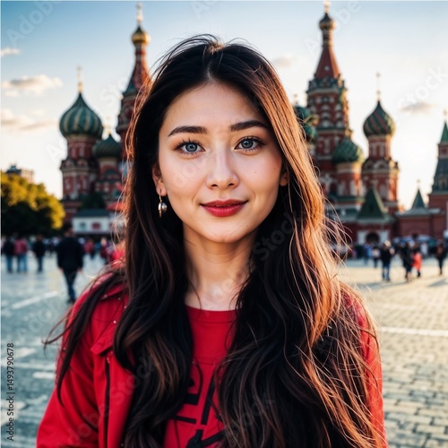 Young woman with long dark hair in red top smiling in front of Saint Basil's Cathedral in Moscow with colorful domes and lively square background