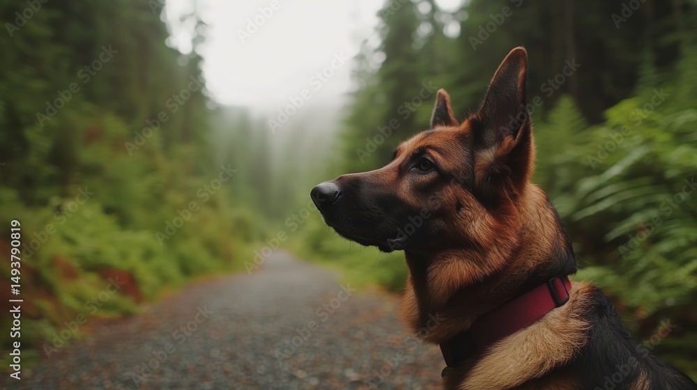 Naklejka premium A muscular German shepherd stands on a gravel path, ears perked and gaze focused ahead. The vibrant forest creates a serene backdrop, offering ample copy space