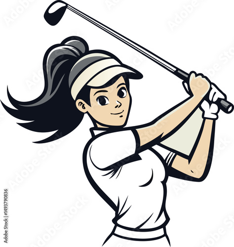 Young Woman Golfer Swinging Golf Club Dynamic Action Pose Illustration