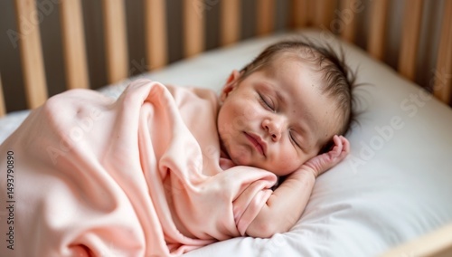 Peaceful sleeping baby wrapped in soft pink blanket on white crib mattress with serene expression and blurred background