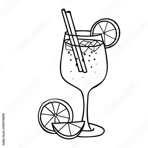 Aperol Spritz Cocktail with orange slice composition. Hand drawn Vector illustration of alcohol drink with ice in Doodle style. For cocktail bar menu, logo or drink summer party Invitations.