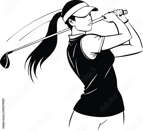 Stylish Female Golfer Swinging Golf Club Dynamic Action Pose Black and White Illustration