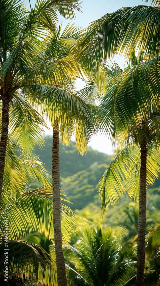 Fototapeta premium Lush tropical palms frame a verdant valley