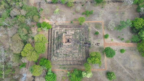 Drone Aerial Footage of Koh Ker Pyramid, Ancient Temple Complex, Cambodia..