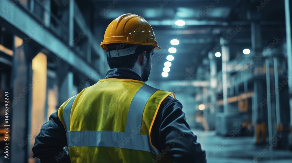 Construction Worker Wearing Hard Hat in a Factory Aisle Looking Forward Construction Worker Wearing Hard Hat in a Factory Aisle Looking Forward