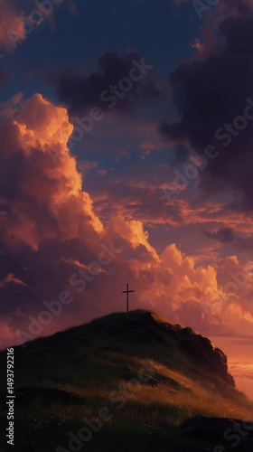 Sunset Over a Hill Topped With a Cross Amidst Colorful Clouds in a Serene Lan...