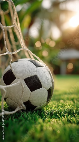 Soccer Ball Nestled in the Net, Illuminated by Golden Sunset Light in a Lush ...