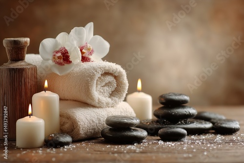Relaxing Spa Setting With Towels, Candles, and Stones for a Soothing Experience