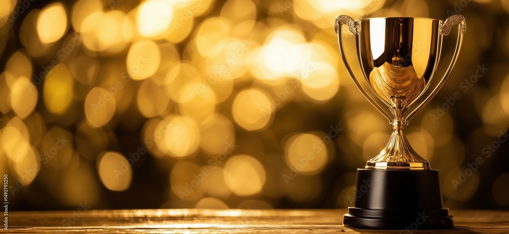 Golden trophy on wooden table with blurred golden background for awards and achievements Golden trophy on wooden table with blurred golden background for awards and achievements