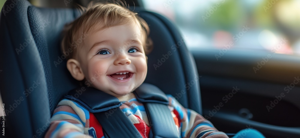 Happy baby smiling in car seat during family road trip Happy baby smiling in car seat during family road trip