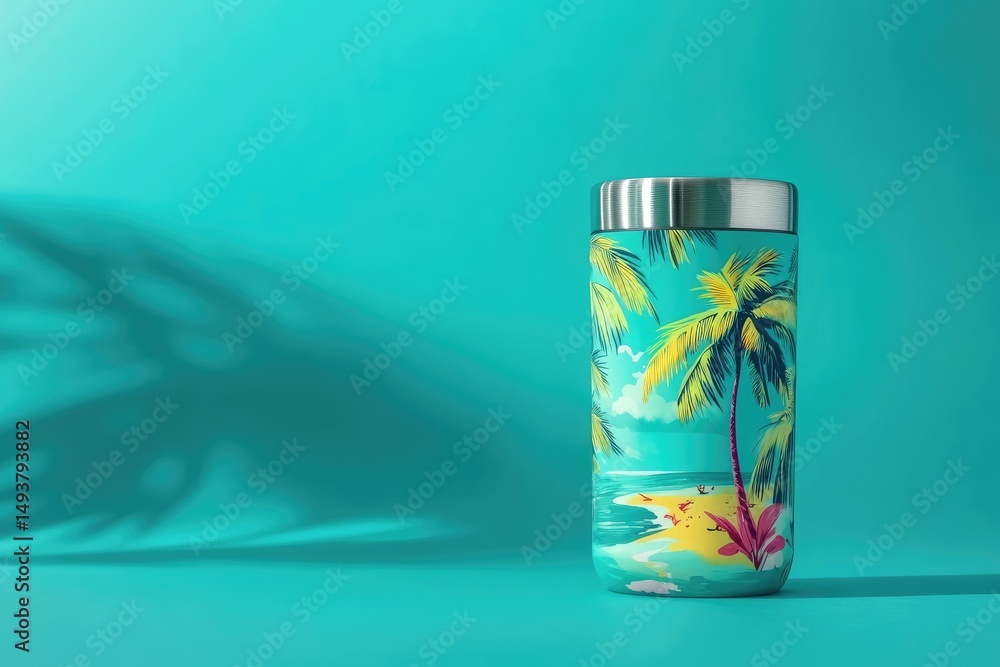 Fototapeta premium A tropical-themed tumbler with palm trees and a beach scene, ideal for summer.