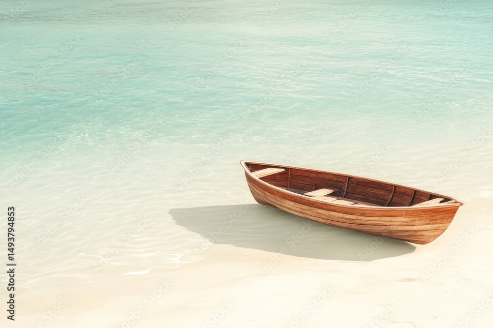 Naklejka premium Boat parked on sandy beach with gentle waves and clear blue sky in the background