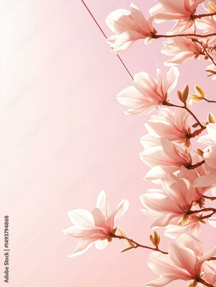 Fototapeta premium Digital illustration of a branch of pink magnolia flowers. the flowers are in full bloom, with their petals spread out in a star-like shape.