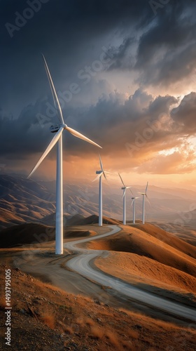 Wind Turbines Generating Renewable Energy at Sunset in a Mountainous Landscape