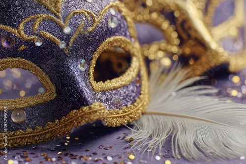 Decorative Purple and Gold Mask With Feather on Festive Table Adorned With Gl...