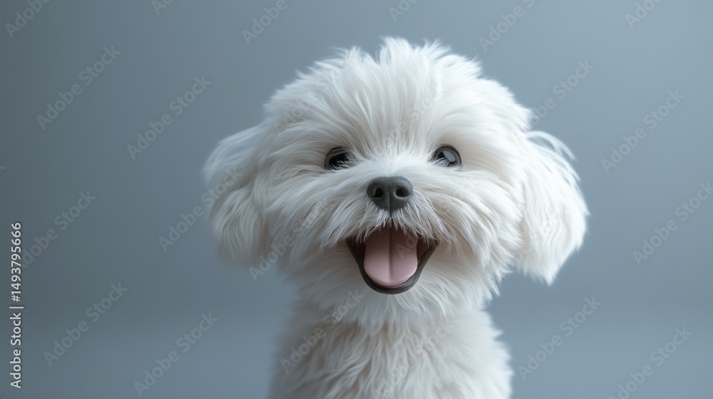 Close-up portrait of a fluffy white Maltese dog looking happy with its tongue out Close-up portrait of a fluffy white Maltese dog looking happy with its tongue out