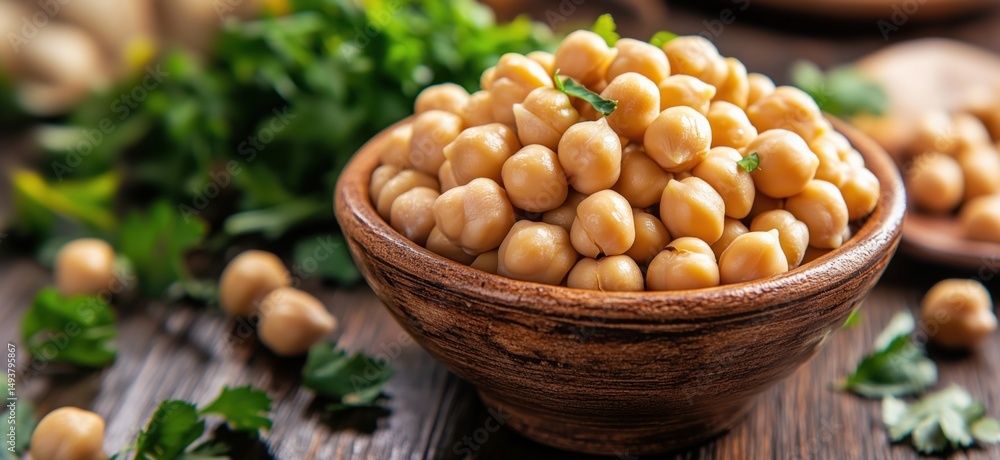 Chickpeas in Wooden Bowl Surrounded by Fresh Herbs and Ingredients for Cooking Chickpeas in Wooden Bowl Surrounded by Fresh Herbs and Ingredients for Cooking