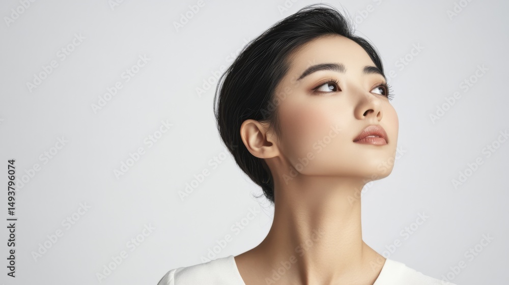 Asian Woman Looking Upward with Short Black Hair on a Neutral Background Asian Woman Looking Upward with Short Black Hair on a Neutral Background