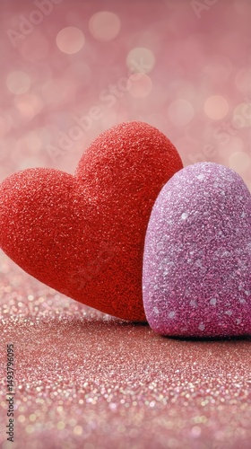 Colorful Heart Shapes on a Shimmering Pink Background Create a Romantic Atmos...